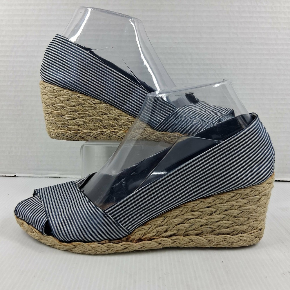 Lauren Ralph Lauren Cecilia Navy White Striped Espadrille Wedge Sandals 7.5B